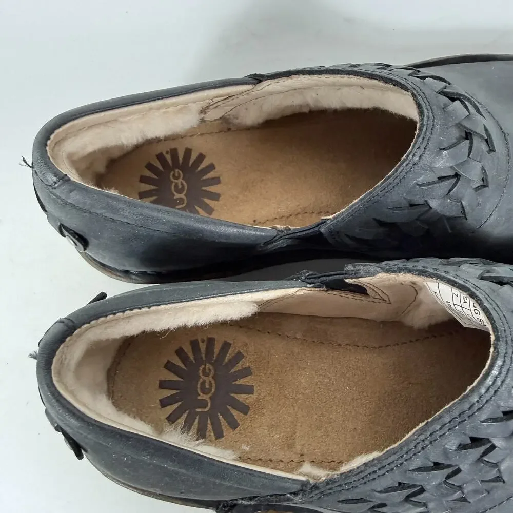 UGG Anila Slip-On Clogs Women's 7 Black Full-Grain Leather Hand-Woven Braid